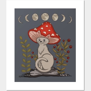 Cottagecore Aesthetic Cat With Mushroom Hat Posters and Art